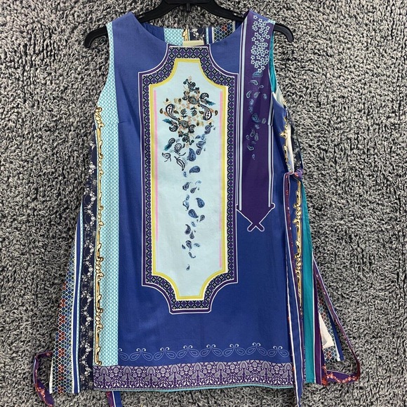 Elegant Blue Patterned Sleeveless Dress - Picture 7 of 12